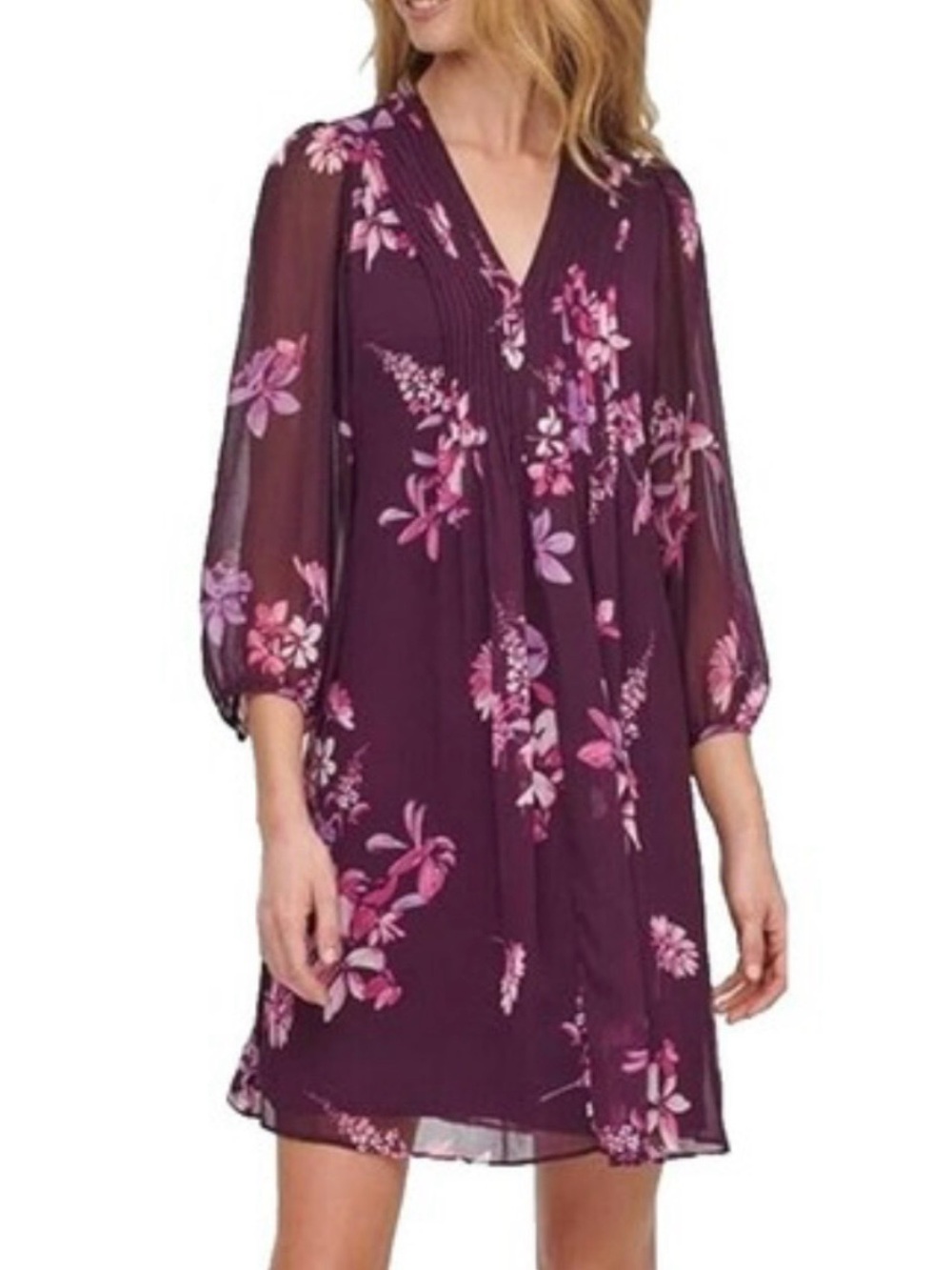 Calvin Klein Sheer Floral Print Pleated Shift Dress Petite Size 10 A-Line Mini